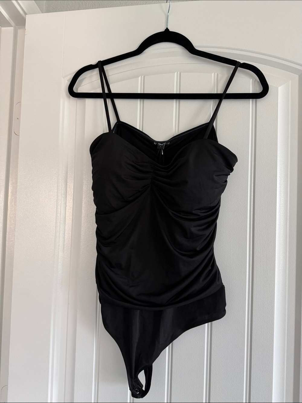 Express Black Ruched Spaghetti-Strap Bodysuit